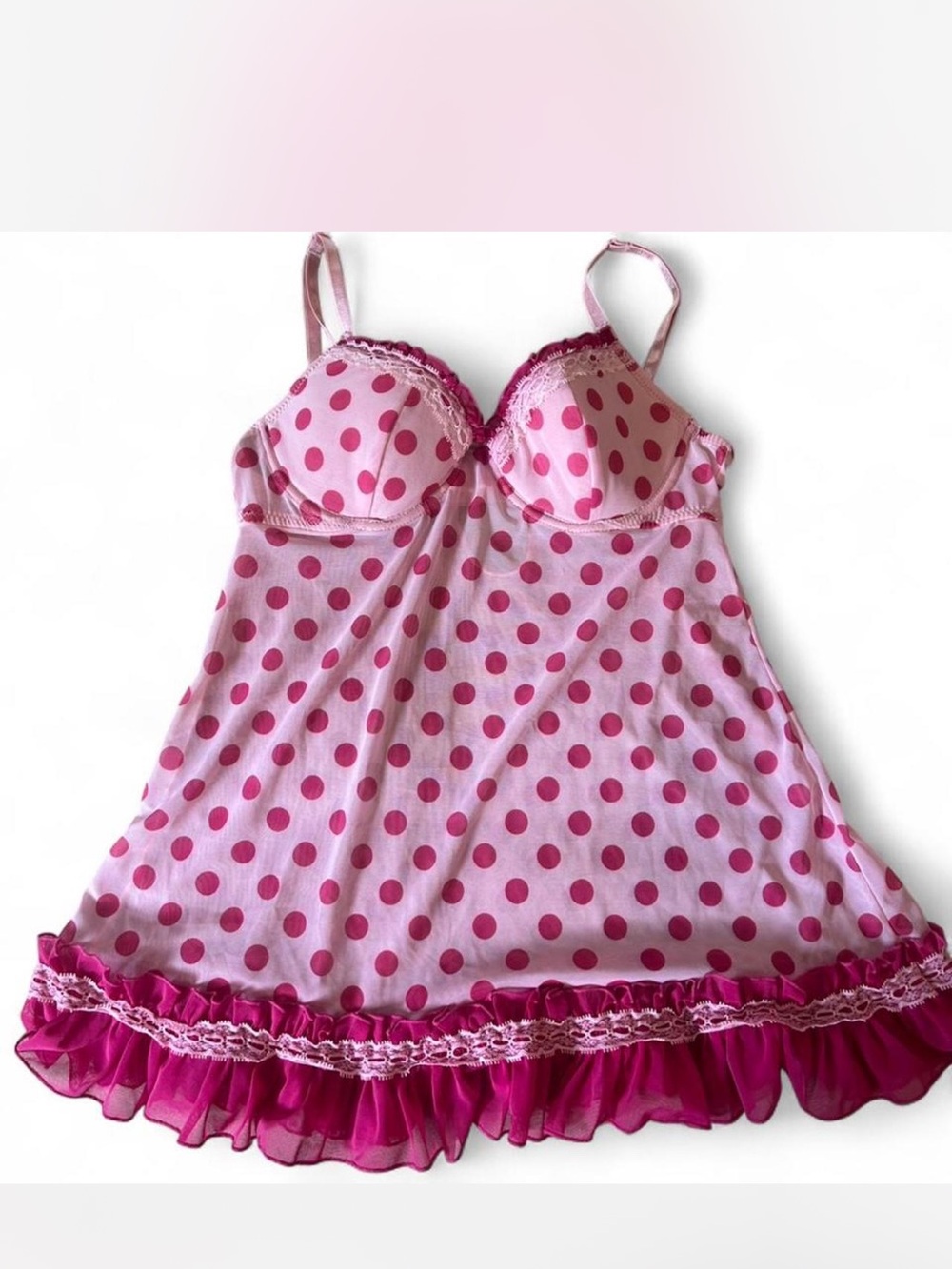 Rampage Pink Polka Dot Lace-Trim Chemise